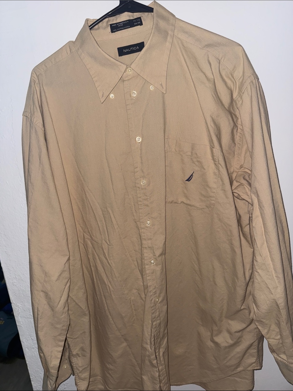 Nautica Men's Light Tan Button-Down Long Sleeve Shirt 100% cotton